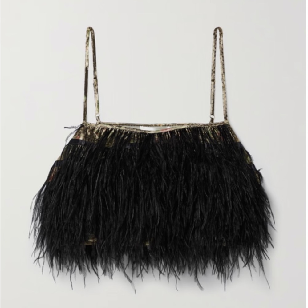 LoveShackFancy dusty cropped feather-trimmed printed silk-crepe camisole